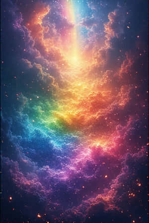 鮮豔的彩虹光束穿過點綴著星光的彩色宇宙雲層，在深邃的太空中閃耀 — iPhone 4 壁紙