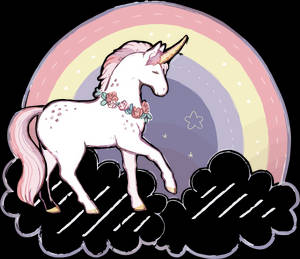 一隻白色獨角獸戴著花卉項圈，站在雲朵上，下方是彩虹。