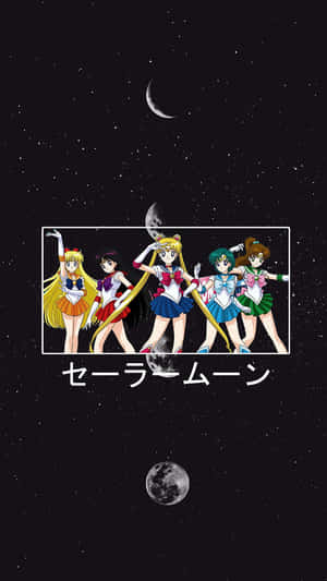 五位美少女戰士角色在太空中，有新月和滿月。 — 美少女戰士 壁紙