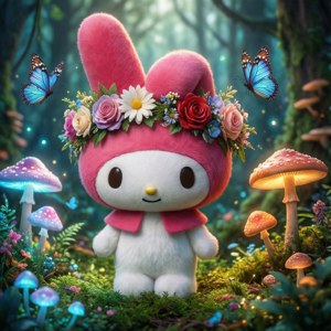 My Melody在一個有發光蘑菇和蝴蝶的魔法森林中