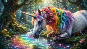 一隻擁有彩虹鬃毛和花冠的獨角獸，在魔法森林中從發光的溪流中飲水。