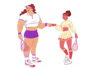 兩位插畫女網球運動員手持球拍擊拳。