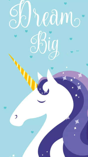 一隻平靜的獨角獸，帶有星點鬃毛和黃色角，在「Dream Big」字樣下方。 — 可愛桌面動態圖 壁紙