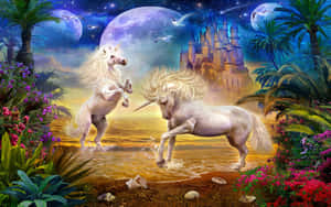 兩隻獨角獸在熱帶水域中嬉戲，背景是帶有月亮和城堡的魔幻夜空。
