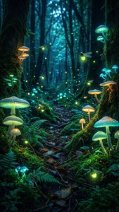 發光的蘑菇和螢火蟲照亮了暮色中長滿苔蘚的森林小徑。