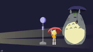 女孩和龍貓在月光下的夜空下撐著雨傘。