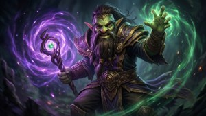 獸人術士用發光的法杖和旋轉的能量施放魔法。