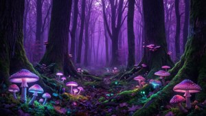 夜間神秘森林中，紫色發光蘑菇生長在長滿苔蘚的樹木間。