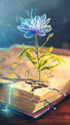 在神秘的環境中，一朵發光的藍色花朵從古老的打開書本中萌芽。