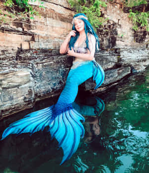 一個穿著藍色美人魚服裝的人坐在清澈海水旁的岩石上。