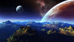 外星峽谷，黃昏時星空中有巨大行星和月亮。