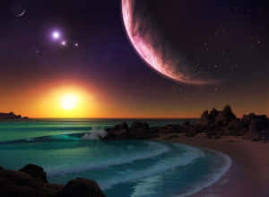 日落時分的外星海灘，碧綠色海浪上方有巨大的行星和閃爍的星星。