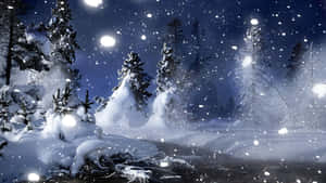 繁星點點的夜空下，白雪覆蓋的松樹，發光球體在飄落的雪中漂浮。