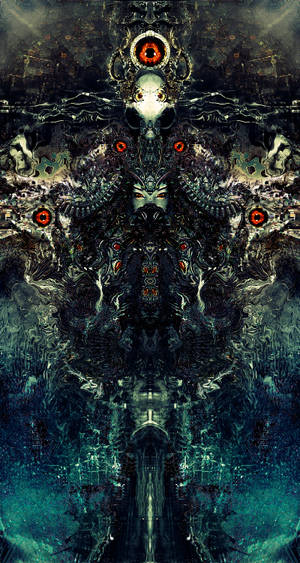 一個黑暗的抽象數碼藝術作品，描繪一個對稱的生物，帶有發光的紅色眼睛和華麗的圖案。