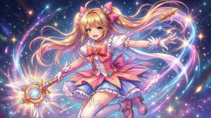 穿著粉紅色連衣裙的動畫女孩，在星空背景下拿著發光的魔法杖