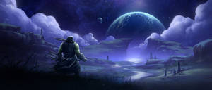 綠色獸人戰士看著外星夜空中的發光藍色星球。