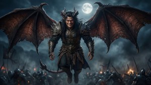 一個帶有翅膀和角的惡魔戰士，在滿月下的戰場上空盤旋。 — 梅里奧達斯 壁紙