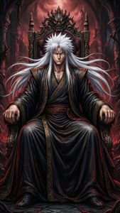 一位白髮戰士身穿黑色長袍，坐在火熱惡魔房間中的尖刺王座上。 — 幽遊白書 GIF 壁紙