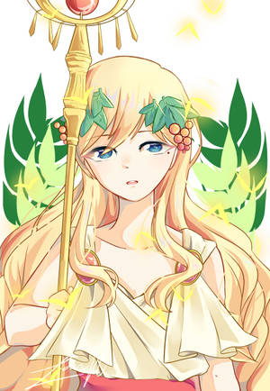 金髮藍眼動漫女孩手持帶有綠葉的發光法杖。