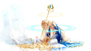 長金髮的動漫女孩穿著藍色長袍，手持發光的法杖在倒下的同伴上方。