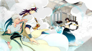 三個動漫角色在漂浮的碎片和雲層中進行魔法戰鬥。 — 靚靚動畫 壁紙