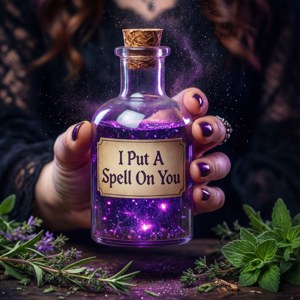 手拿著一個紫色魔法藥水瓶，標籤上寫著 'I Put A Spell On You'，旁邊有香草。