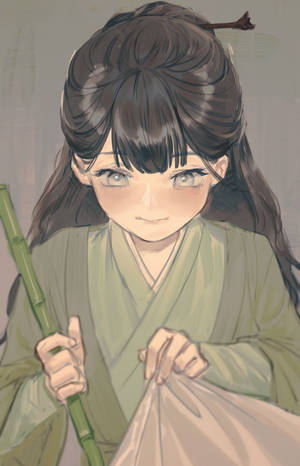 動漫女孩穿著綠色長袍手持竹杖和布
