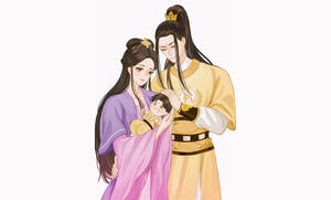 一個充滿愛心的動畫家庭，穿著傳統長袍，抱著一個快樂的嬰兒。 — 崔宇植 GIF 壁紙