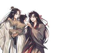 三個穿著傳統長袍的動漫角色分享溫馨時刻。 — 中文 壁紙