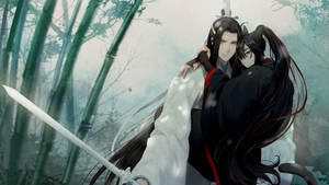 兩位動漫戰士在雪竹林中擁抱，一人手持劍。 — 崔宇植 GIF 壁紙