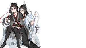 兩個穿著傳統長袍的動漫角色，其中一個拿著劍，一起坐著。 — 魔道祖師 壁紙