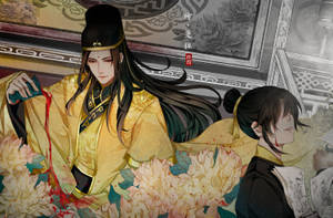 兩個身穿傳統長袍的動漫角色被牡丹環繞，血滴落下。 — 魔道祖師 壁紙