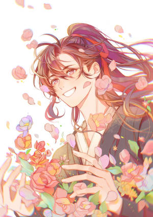 長髮的動漫男孩微笑著，色彩繽紛的花朵在他周圍漂浮。