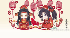 兩個穿著紅色傳統服裝的Q版動漫角色，有燈籠和金幣。 — 魔道祖師 壁紙