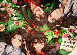 四個動漫角色漂浮在櫻花中，手持花朵和卷軸。 — 魔道祖師 壁紙