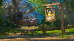 一間名為 The Scraggly Ducking 的奇幻旅館，坐落在森林中，有木製招牌和小徑。