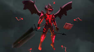 動漫惡魔戰士，紅色盔甲和翅膀，在暴風雨中手持巨劍。 — 惡魔 壁紙