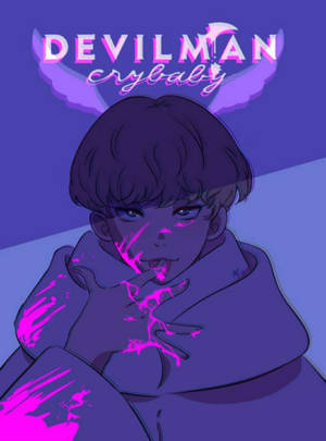 動漫角色，臉部和手上有發光的粉紅色裂縫，紫色頭髮，以及「DEVILMAN crybaby」文字。