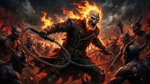 Ghost Rider 用鎖鏈與魔鬼大軍戰鬥。