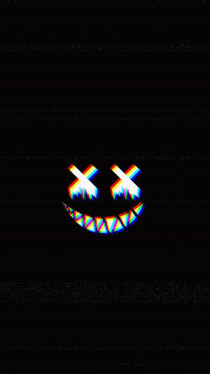 一個在黑色故障背景上帶有X眼睛的扭曲彩虹笑臉。