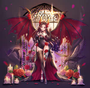 動漫惡魔女孩，擁有紅色翅膀和玫瑰，被烏鴉和蠟燭環繞。