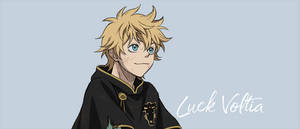 動漫角色 Luck Voltia 身穿帶有金色鑲邊和獅子徽章的黑色長袍。