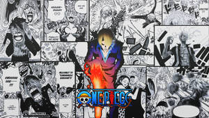 《One Piece》漫畫面板，中心角色被火焰效果包圍，表情豐富的角色。