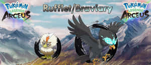 Rufflet 和 Braviary 在 Pokémon Legends Arceus 中飛越雪山。