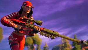 Fortnite角色在黃昏時分用紅色和金色裝備瞄準狙擊步槍。 — 狙擊手 壁紙