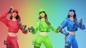 三個風格化的女性角色穿著色彩繽紛的運動服在漸變背景前擺姿勢。 — 條紋 壁紙