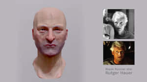 3D渲染禿頭男性頭部半身像，附有兩張Rutger Hauer的黑白照片。