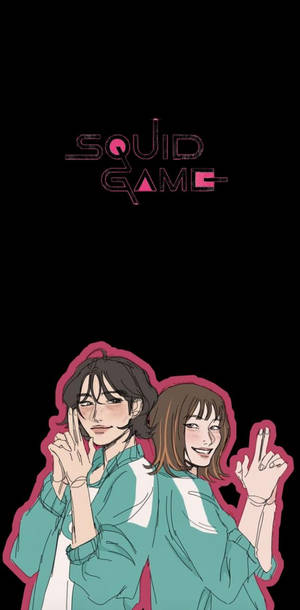 兩個身穿藍綠色制服嘅動畫角色做出和平手勢，上方有「Squid Game」標誌。