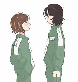 兩個身穿綠色運動服的動漫角色微笑著相對而立。