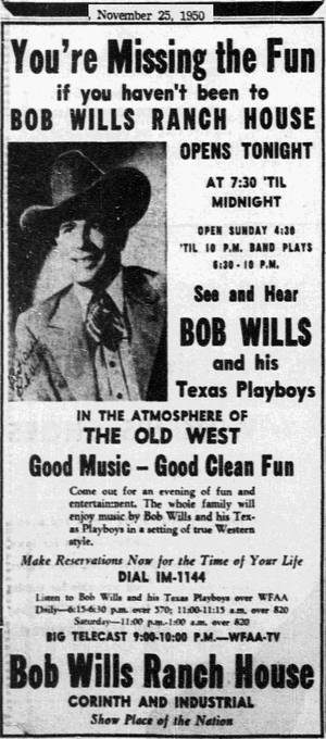 1950年代復古廣告，Bob Wills Ranch House，在西部場景中推廣現場音樂和舞蹈。 — 荷里活 GIF 壁紙